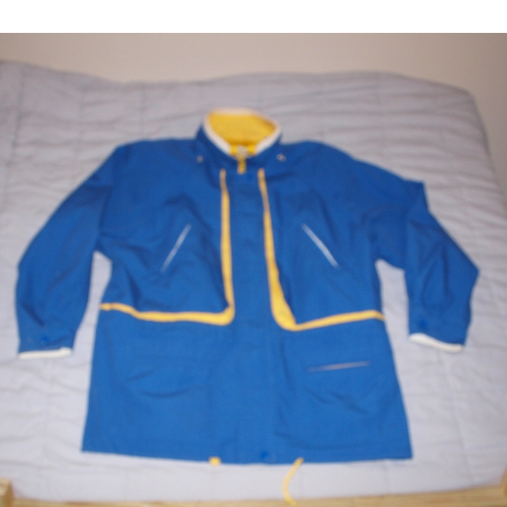 Vintage Anorak Jacket Raincoat Hooded Pockets Blue Yellow Colorblock Size?
